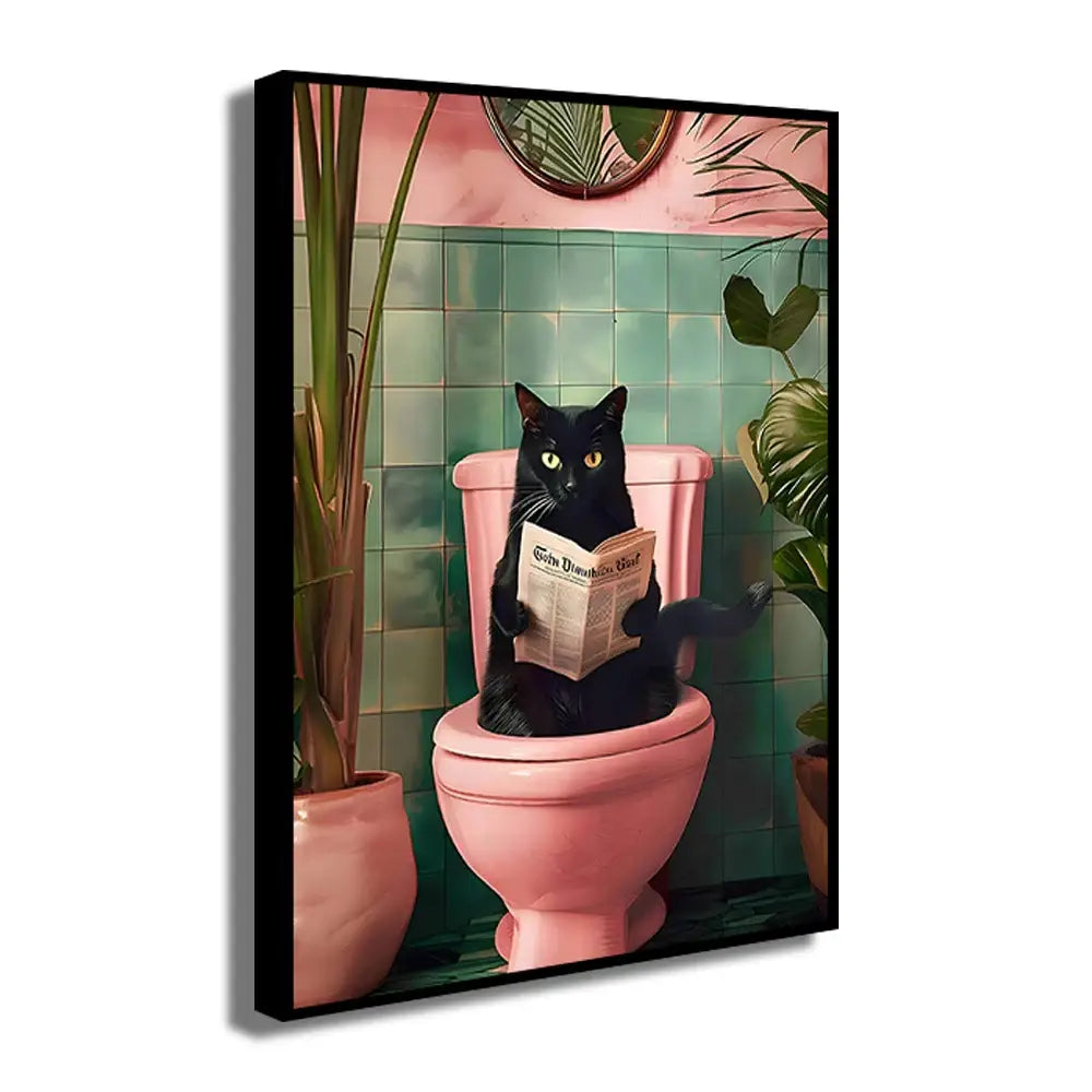 Pink parrot reading newspaper on toilet canvas wall art bathroom decor
