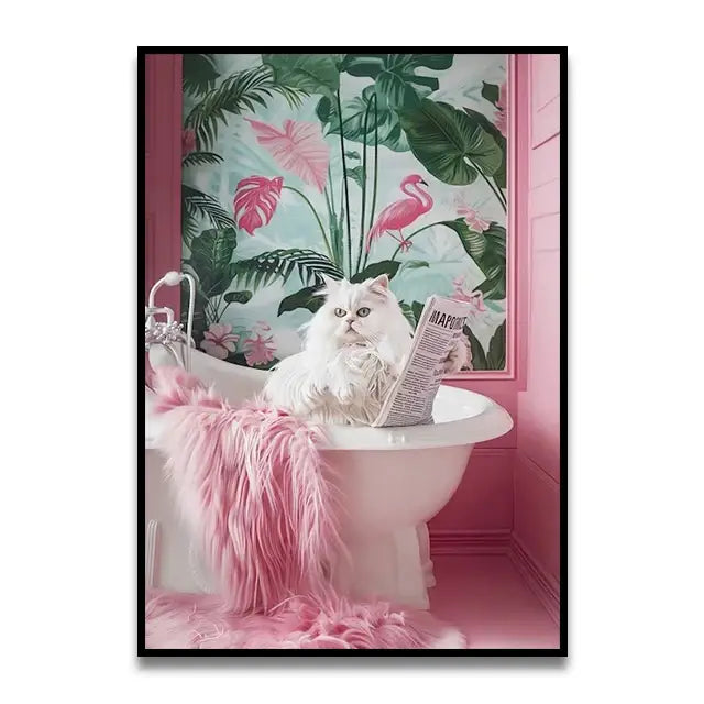 Pink parrot reading newspaper on toilet canvas wall art bathroom decor