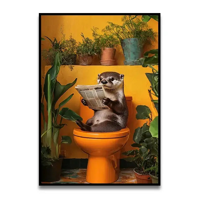 Pink parrot reading newspaper on toilet canvas wall art bathroom decor