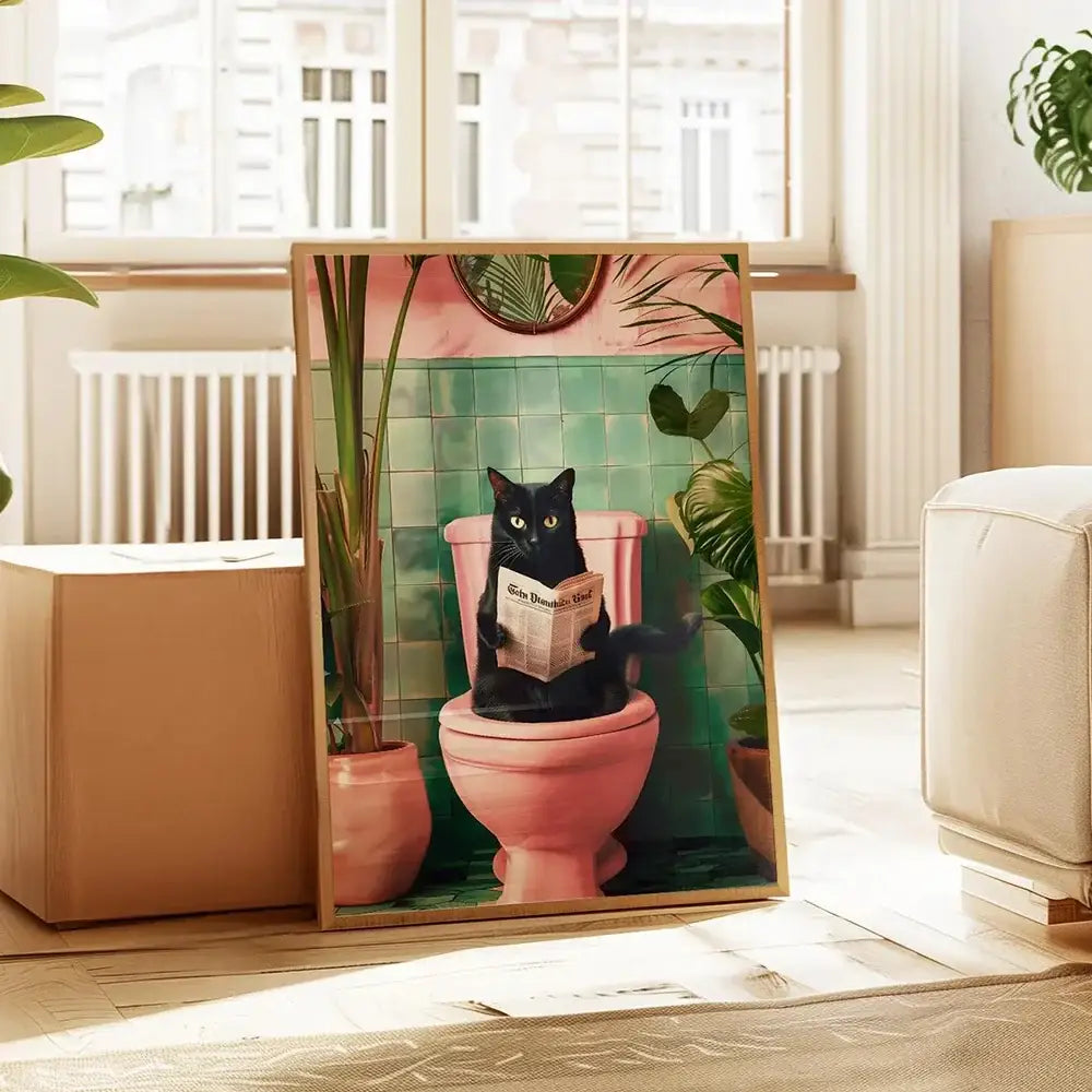 Pink parrot reading newspaper on toilet canvas wall art bathroom decor