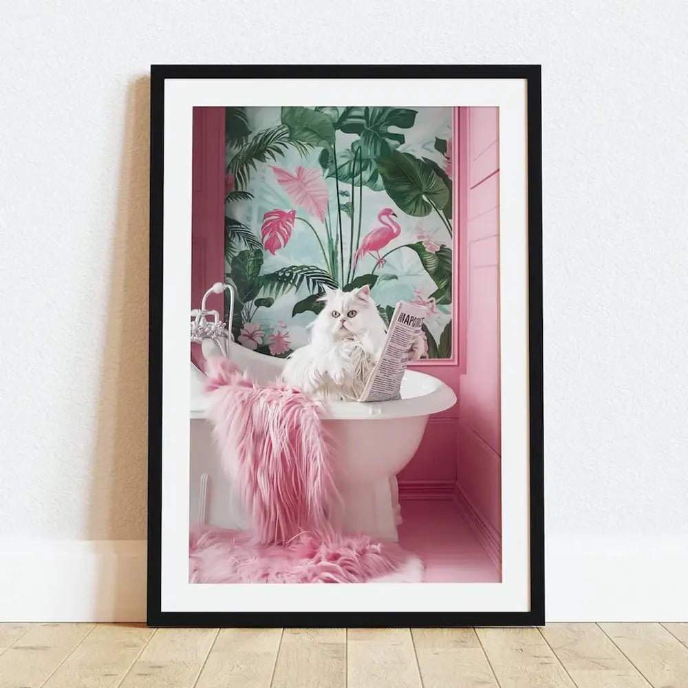 Pink parrot reading newspaper on toilet canvas wall art bathroom decor
