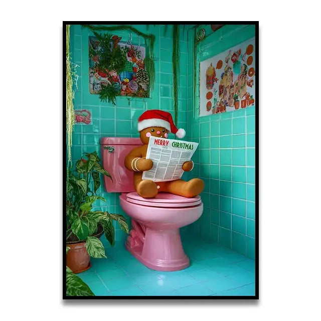 Pink parrot reading newspaper on toilet canvas wall art bathroom decor