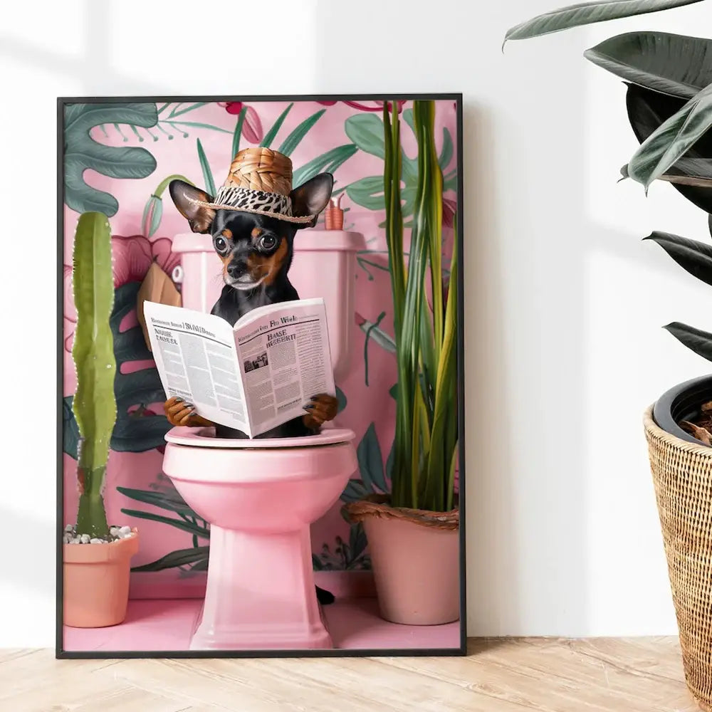 Pink parrot reading newspaper on toilet canvas wall art bathroom decor