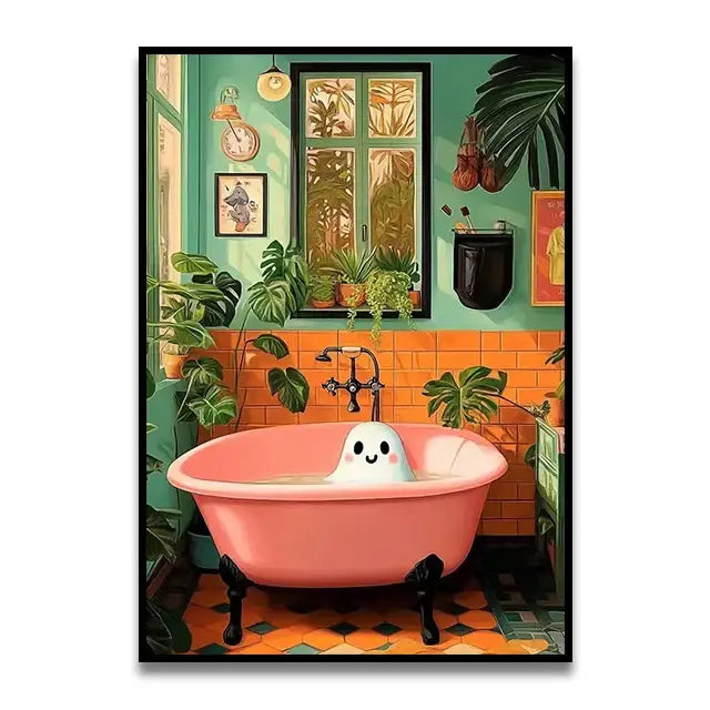 Pink parrot reading newspaper on toilet canvas wall art bathroom decor