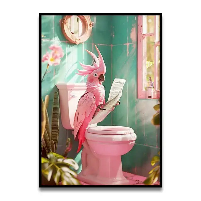 Pink parrot reading newspaper on toilet canvas wall art bathroom decor