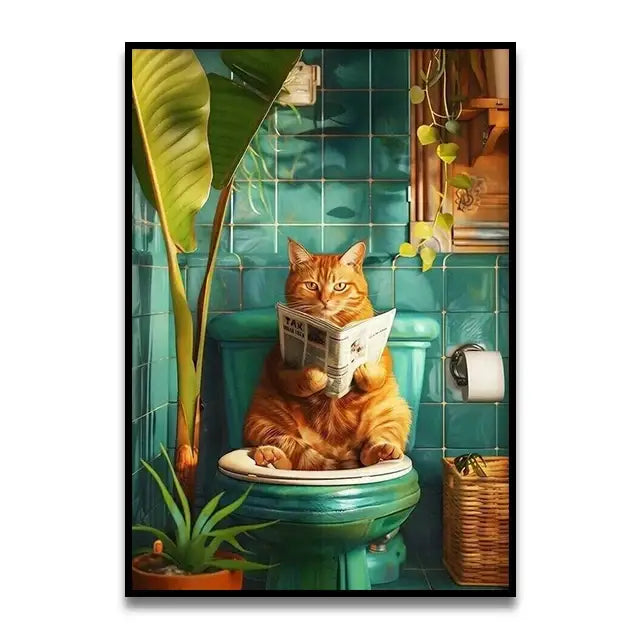 Pink parrot reading newspaper on toilet canvas wall art bathroom decor