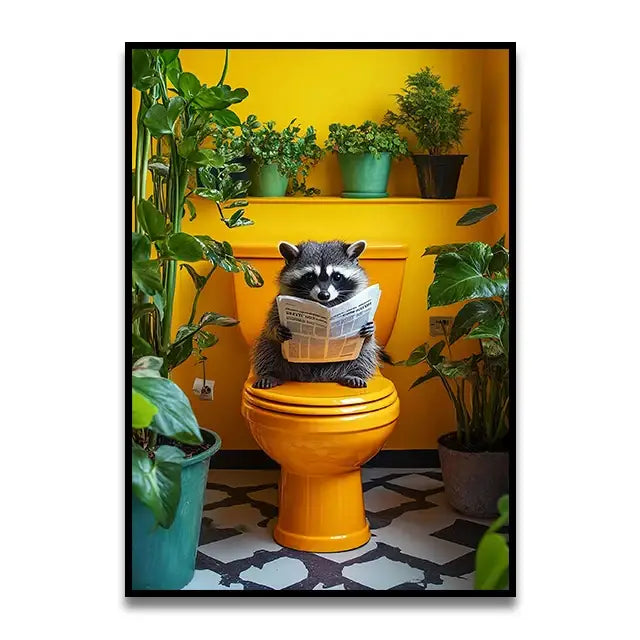 Pink parrot reading newspaper on toilet canvas wall art bathroom decor