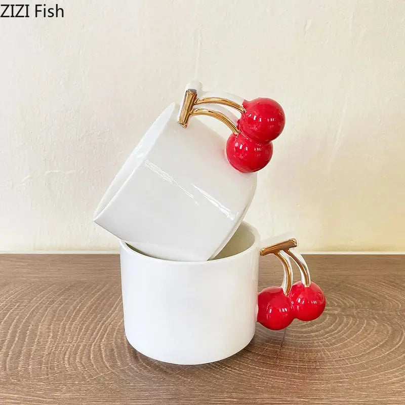 DecorBites™ Cherry Handle Mug: White Ceramic Tea & Coffee Cup for Dining Table