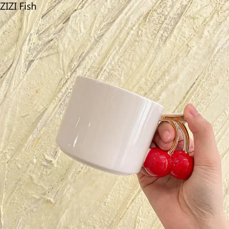 DecorBites™ Cherry Handle Mug: White Ceramic Tea & Coffee Cup for Dining Table
