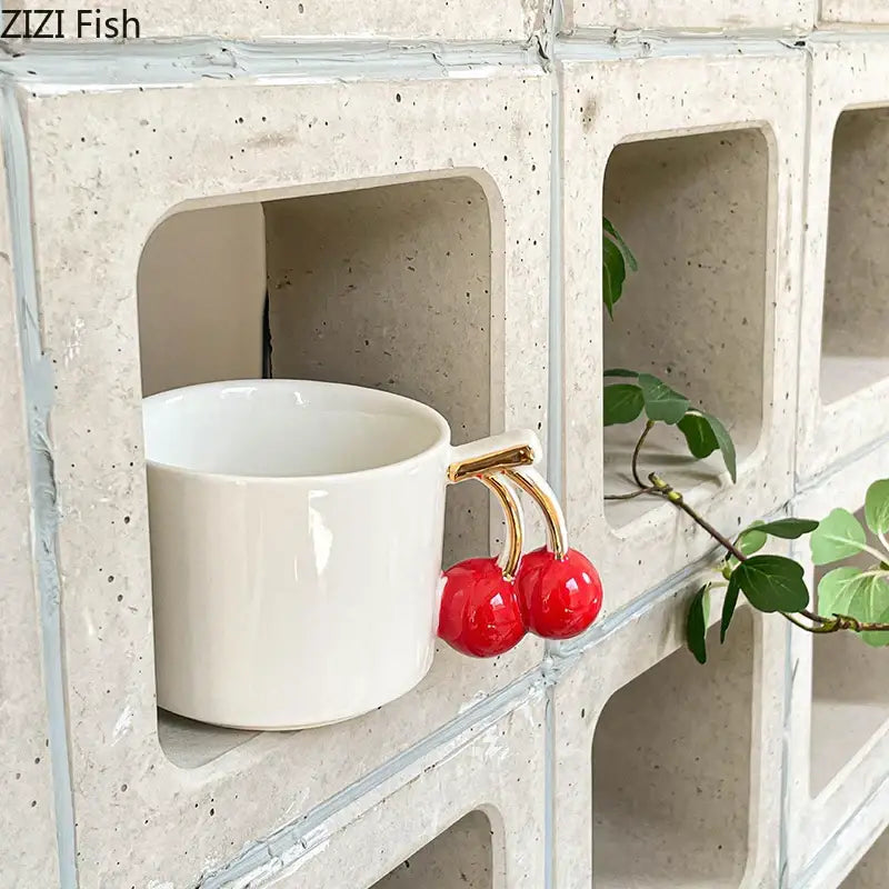 DecorBites™ Cherry Handle Mug: White Ceramic Tea & Coffee Cup for Dining Table