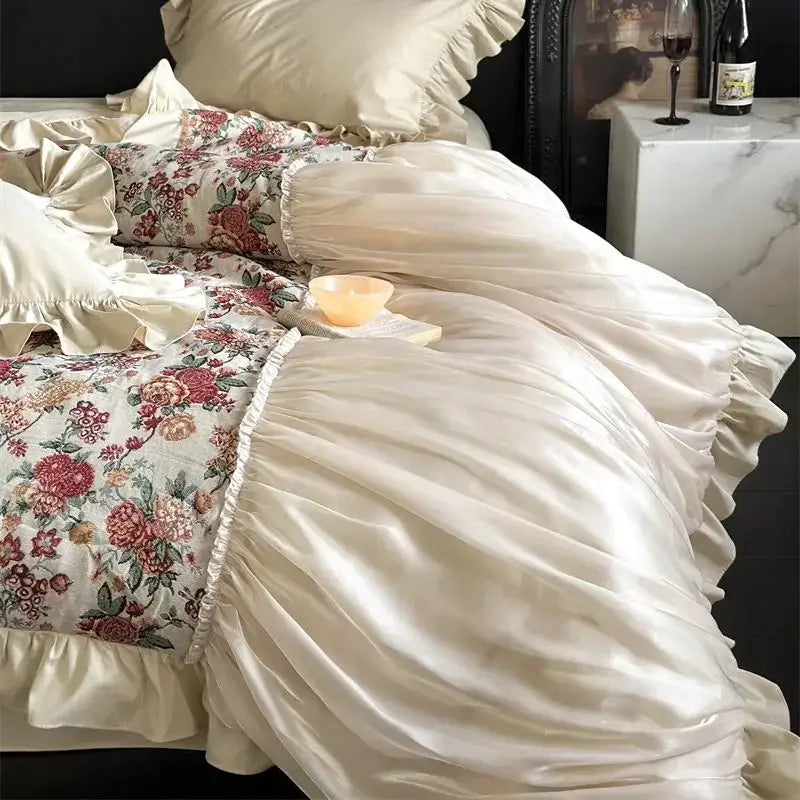 DecorBites™ Chic Flowers Jacquard Cotton Bedding Set with Ruffles