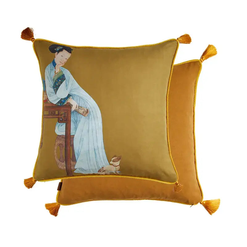 Classical women print light blue velvet cushion cover living room