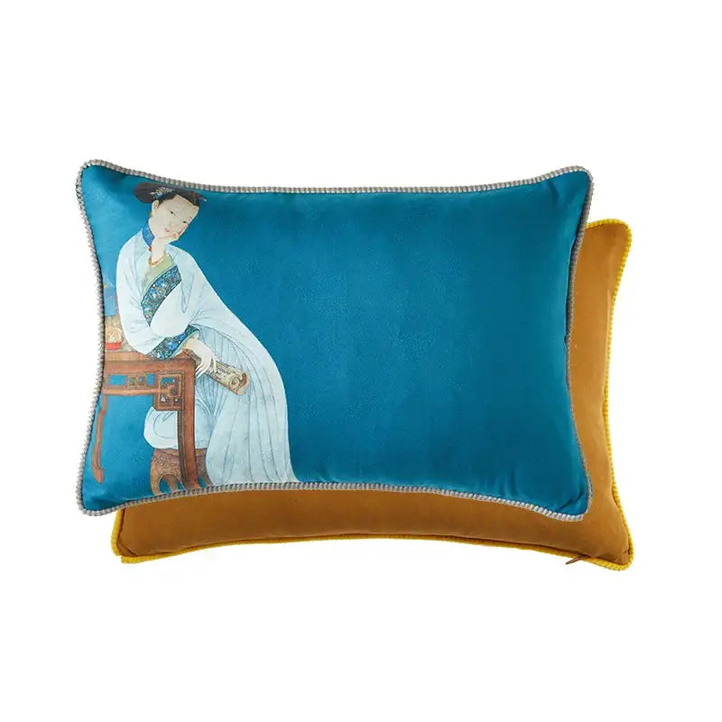 Classical women print light blue velvet cushion cover living room