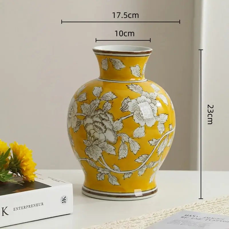Vintage yellow & white porcelain vase living room floral decor