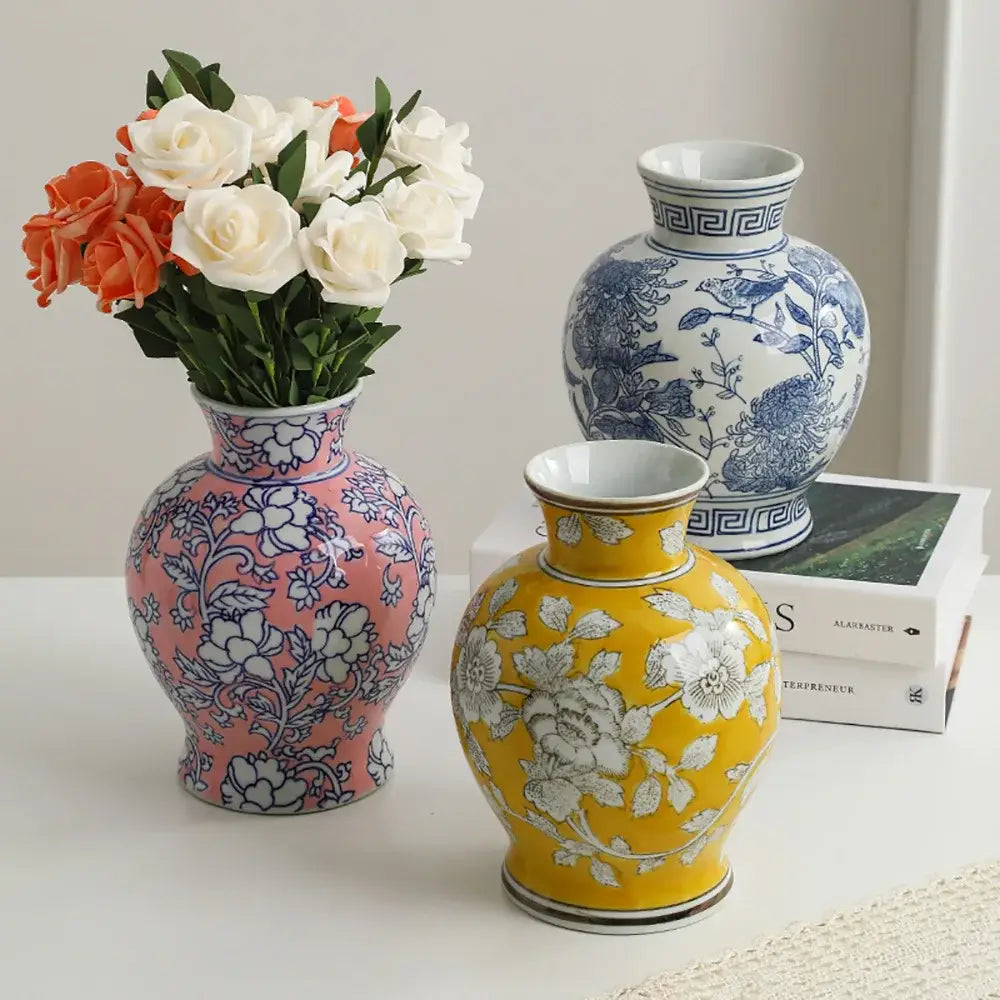 Vintage yellow & white porcelain vase living room floral decor
