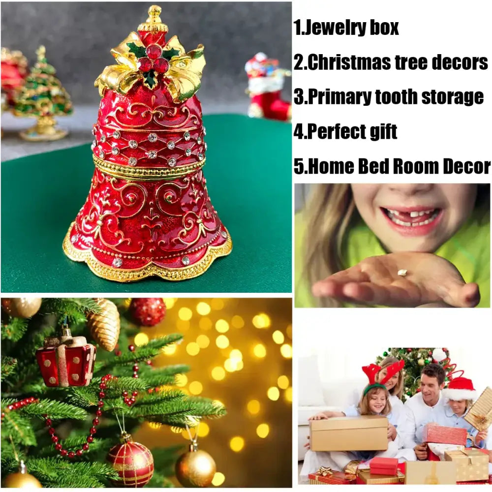 Festive red & gold enamel christmas jingle bell trinket box dining room
