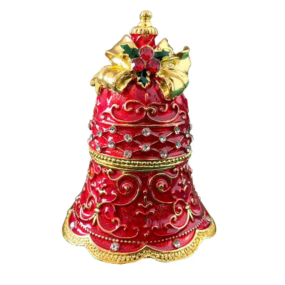 Festive red & gold enamel christmas jingle bell trinket box dining room