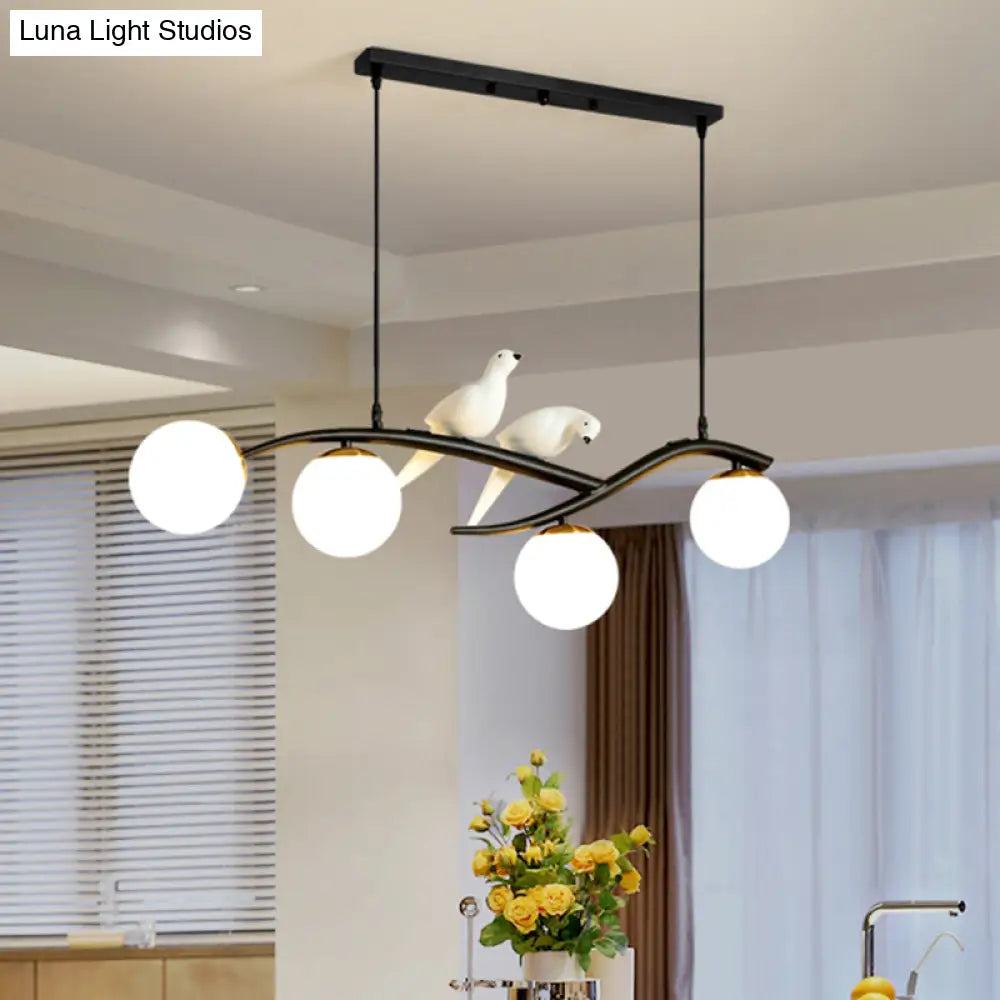 DecorBites™ Contemporary White Glass Island Light Pendant with Birds - 4-Head Dining Room Fixture - Adjustable Cord