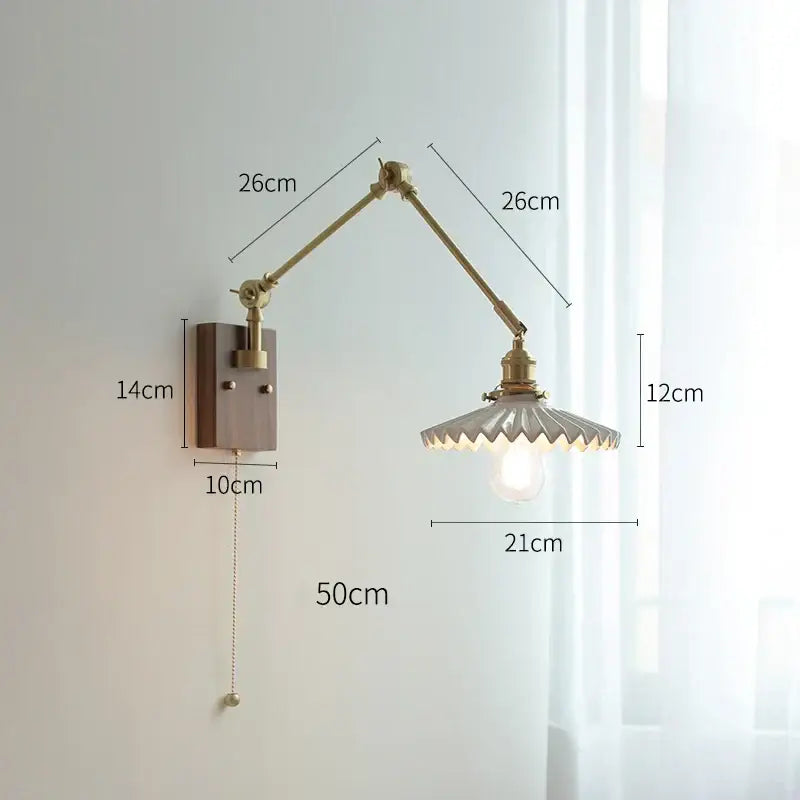 Decorbites copper swing arm wall lamp with glass shade for bedroom