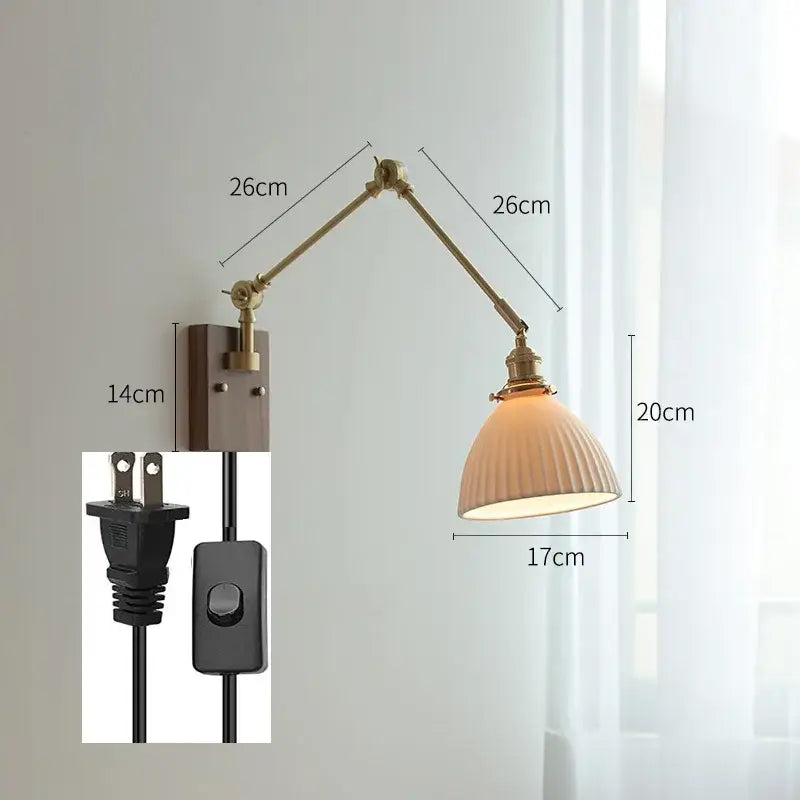 Decorbites copper swing arm wall lamp with glass shade for bedroom