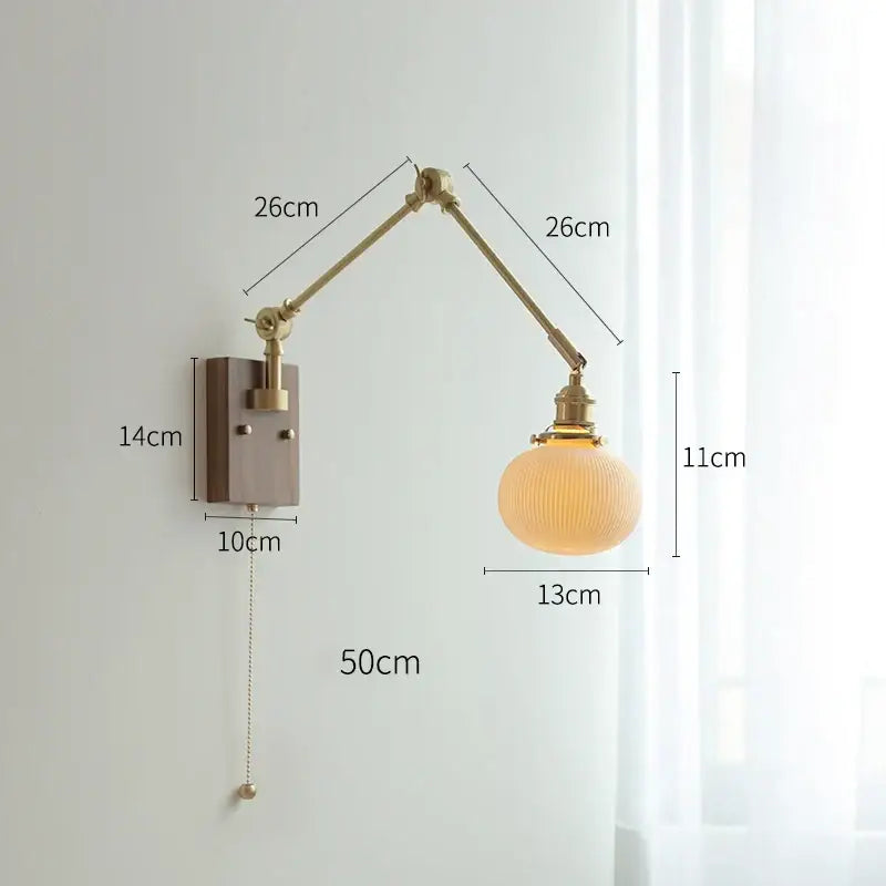 Decorbites copper swing arm wall lamp with glass shade for bedroom