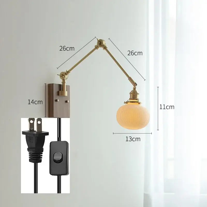 Decorbites copper swing arm wall lamp with glass shade for bedroom