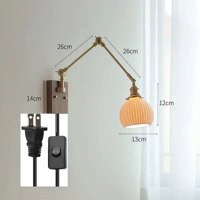 Decorbites copper swing arm wall lamp with glass shade for bedroom