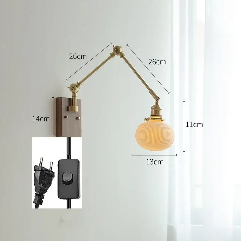 Decorbites copper swing arm wall lamp with glass shade for bedroom