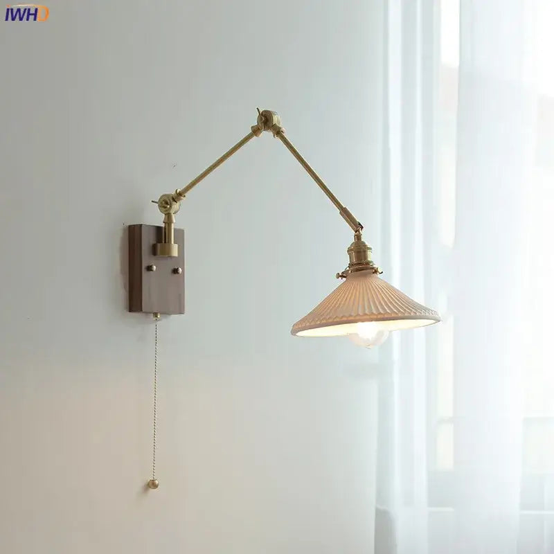 Decorbites copper swing arm wall lamp with glass shade for bedroom