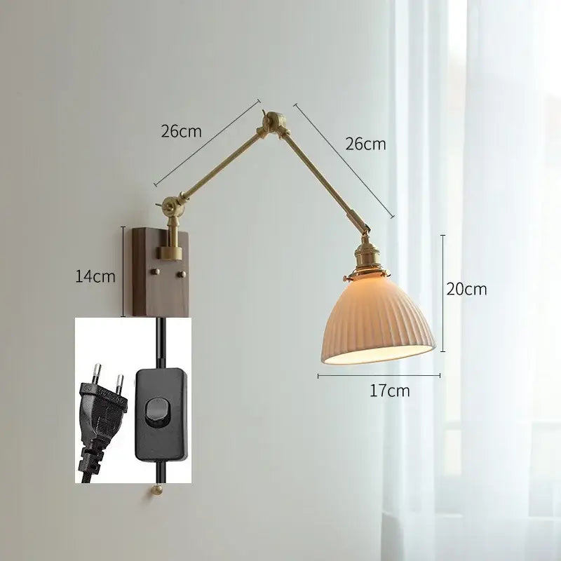 Decorbites copper swing arm wall lamp with glass shade for bedroom