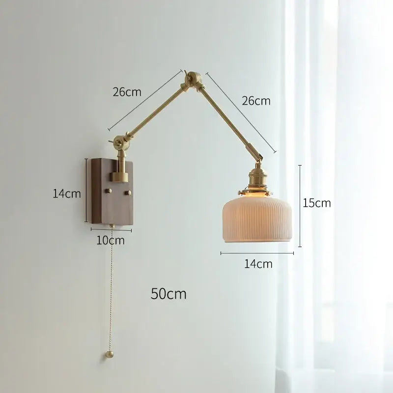 Decorbites copper swing arm wall lamp with glass shade for bedroom