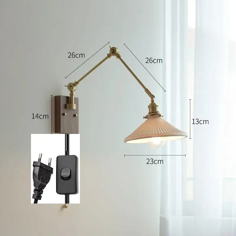 Decorbites copper swing arm wall lamp with glass shade for bedroom