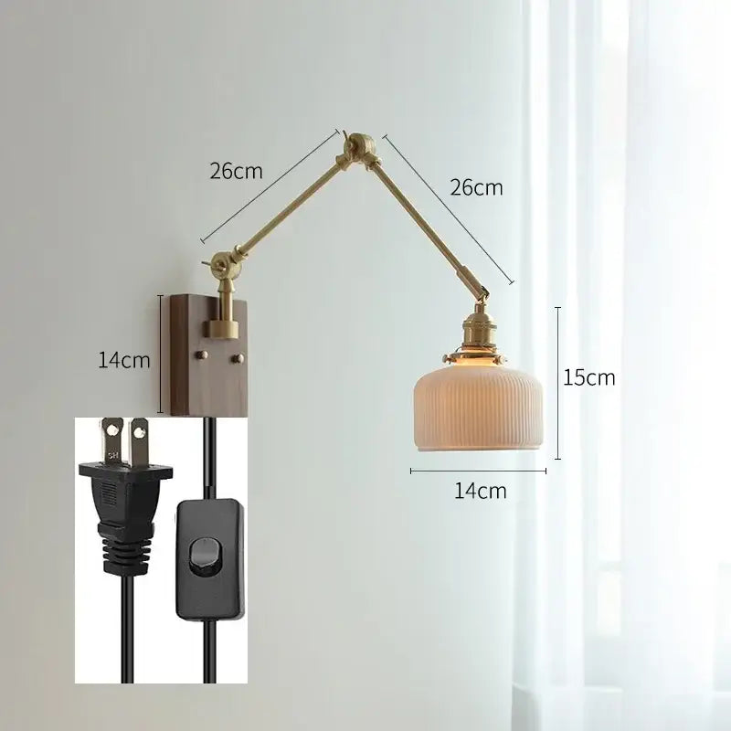 Decorbites copper swing arm wall lamp with glass shade for bedroom