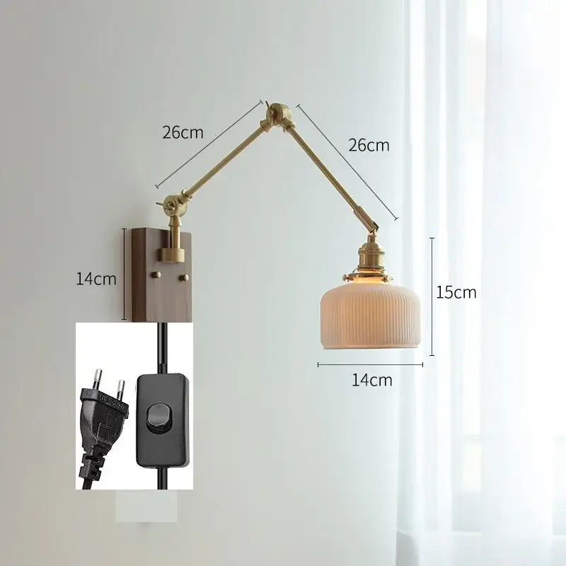 Decorbites copper swing arm wall lamp with glass shade for bedroom