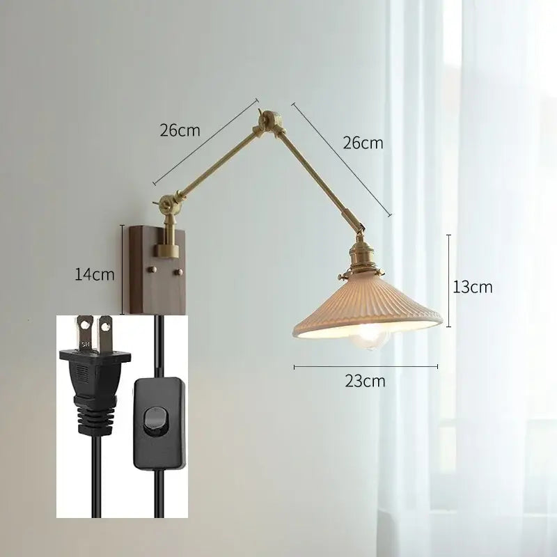 Decorbites copper swing arm wall lamp with glass shade for bedroom