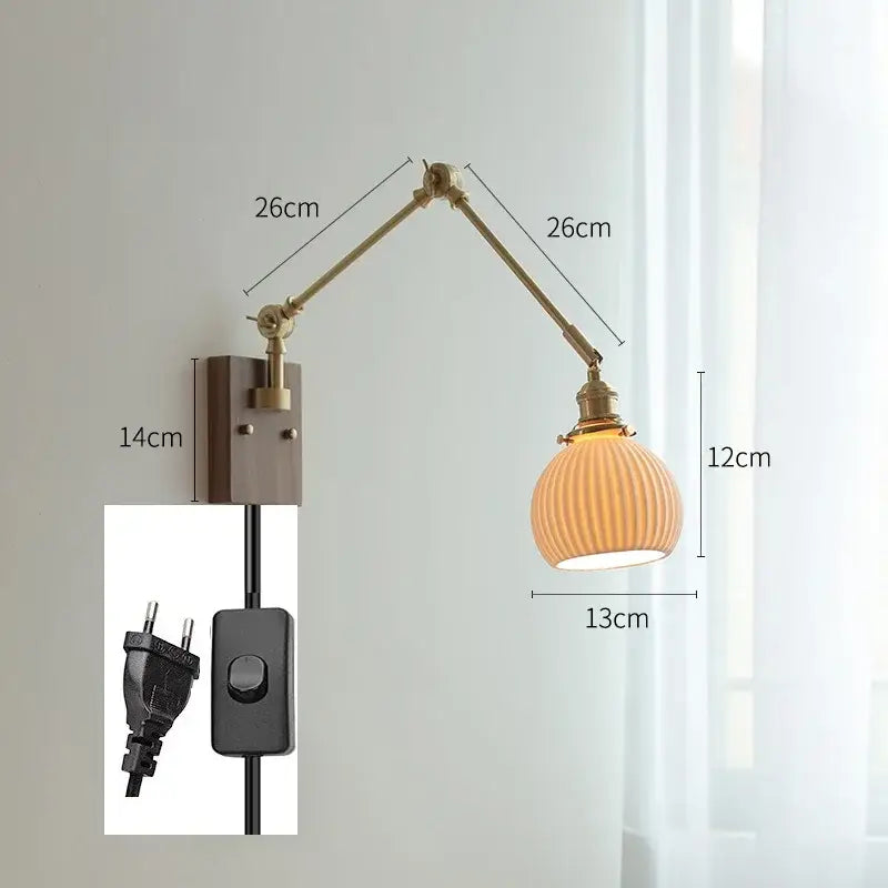 Decorbites copper swing arm wall lamp with glass shade for bedroom