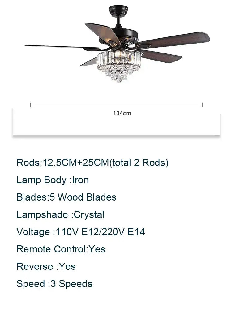DecorBites™ Crystal Ceiling Fan with Light & Remote Control, 52 Inch Luxury Design