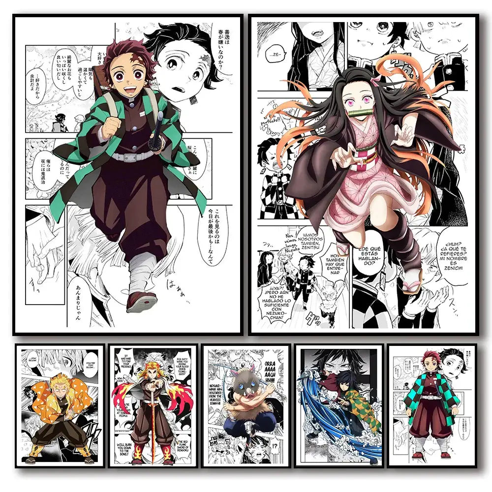 Framed demon slayer canvas poster set bedroom wall decor