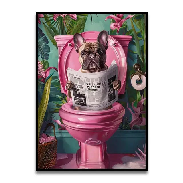 Funny french bulldog on pink toilet bathroom cat reading wall art