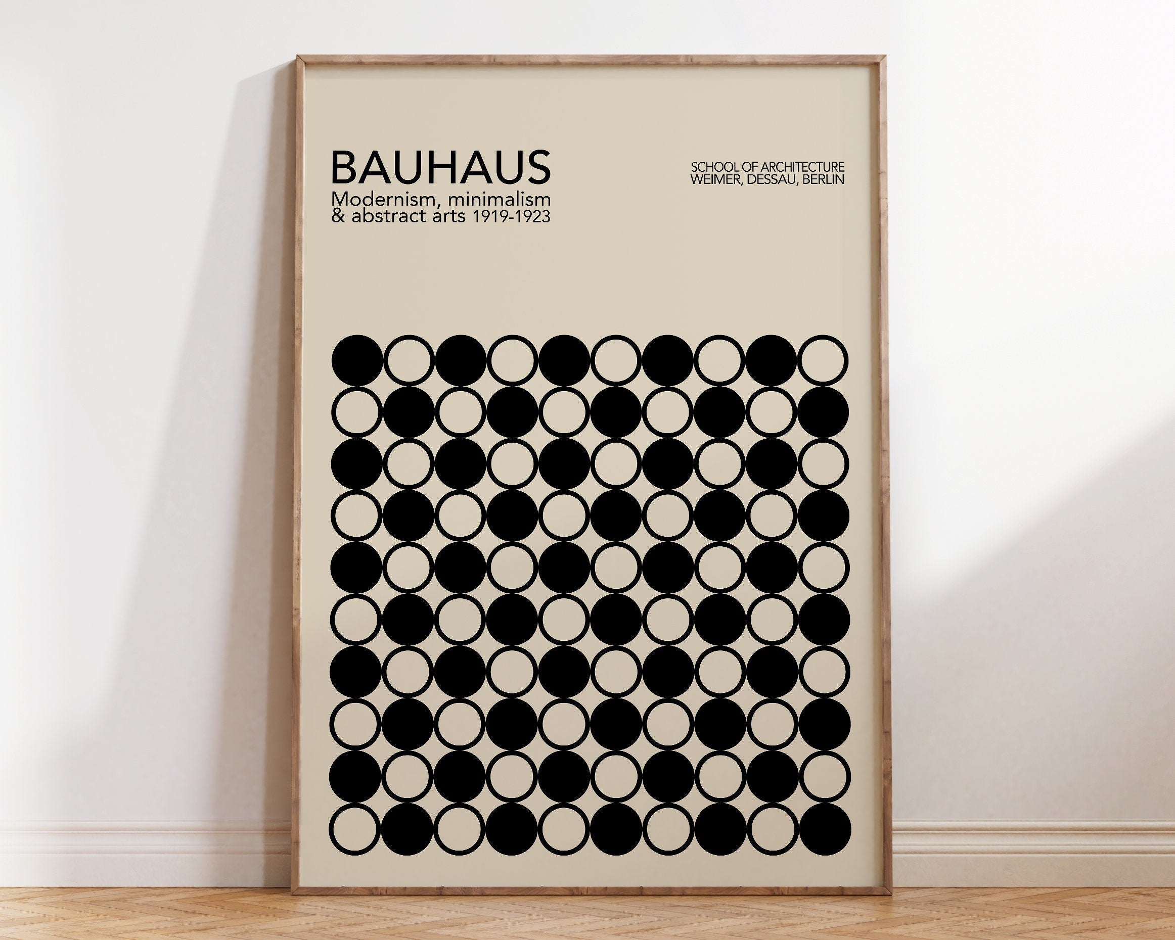 Geometric bauhaus canvas poster teal & cream living room wood frame