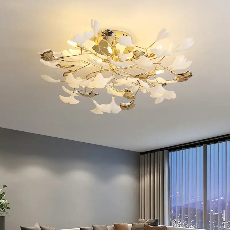 Post-modern gold and white ginkgo leaf ceiling light bedroom decor