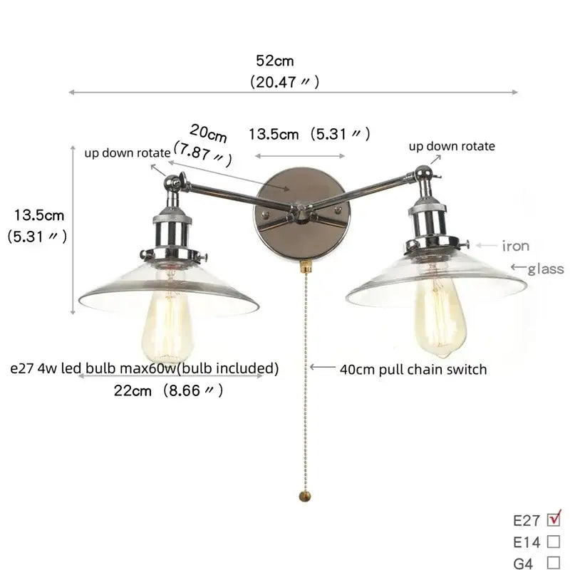 DecorBites™ Glass 2-Light Wall Sconce with Pull Chain Switch for Bedroom and Bathroom