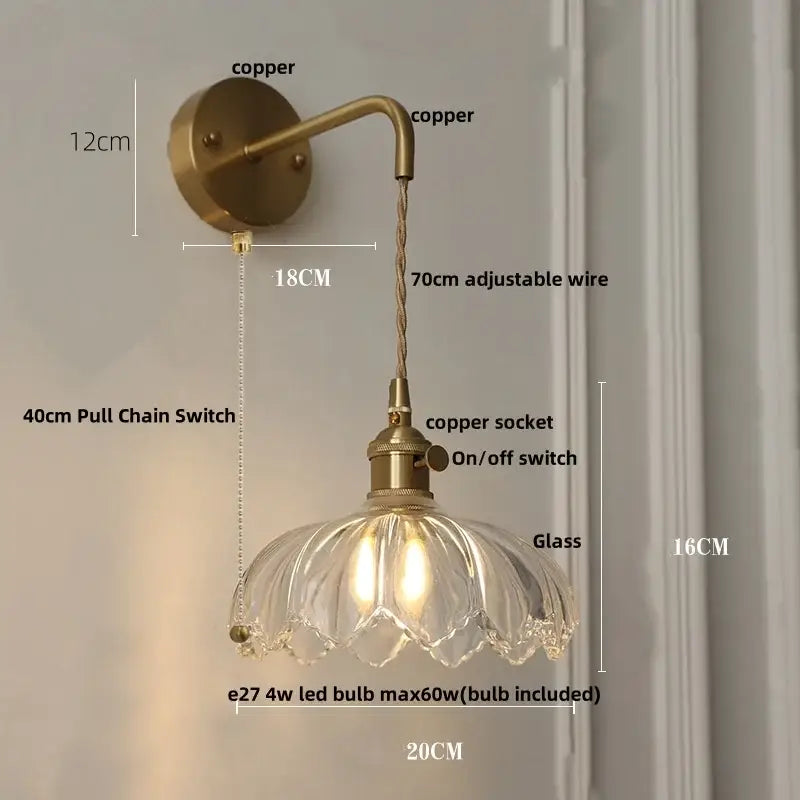 DecorBites™ Glass & Copper Green Flower LED Wall Sconce with Pull Chain