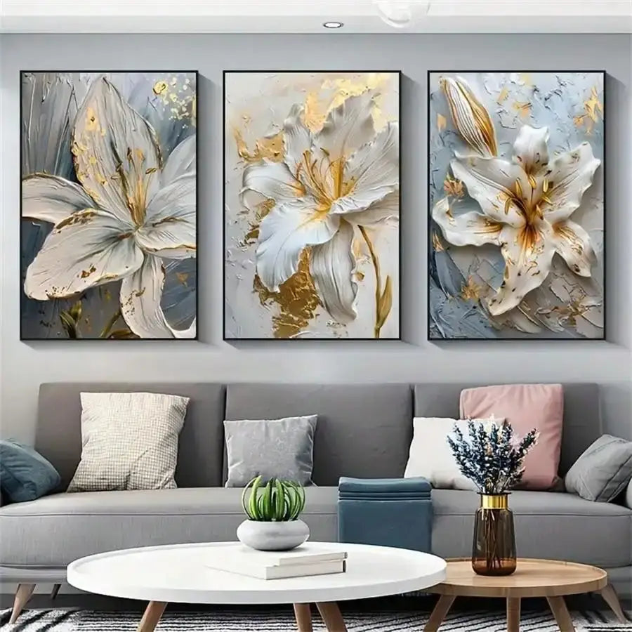 DecorBites™ Gold and White Floral 3D Canvas Wall Art