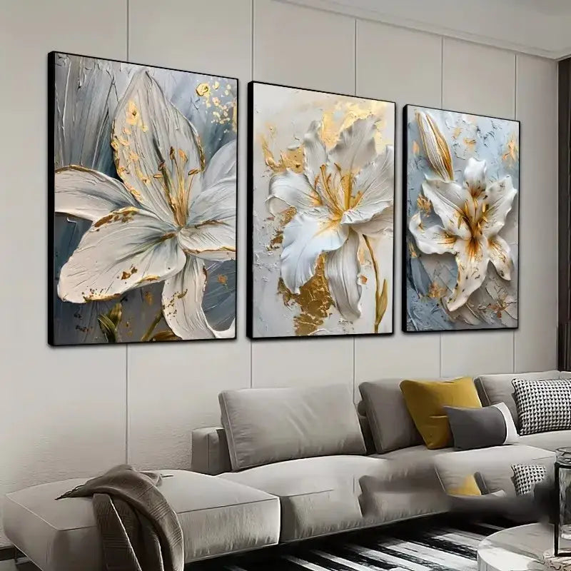 DecorBites™ Gold and White Floral 3D Canvas Wall Art