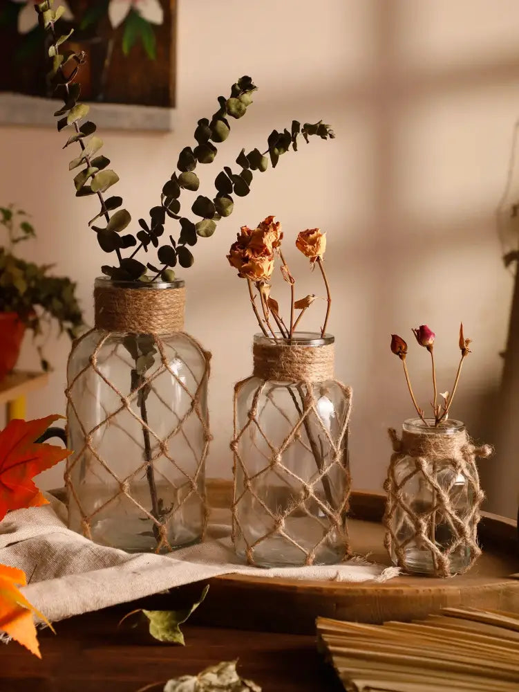 DecorBites™ Hanging Glass Vase with Hemp Rope - Rustic Home Decor
