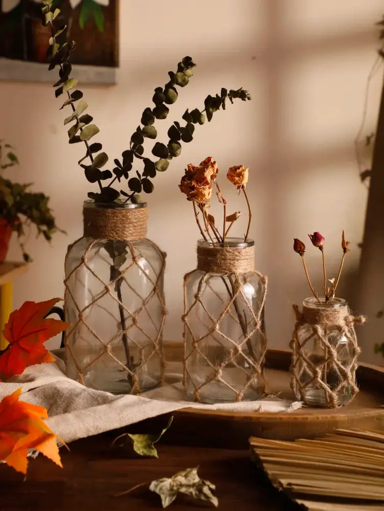 DecorBites™ Hanging Glass Vase with Hemp Rope - Rustic Home Decor