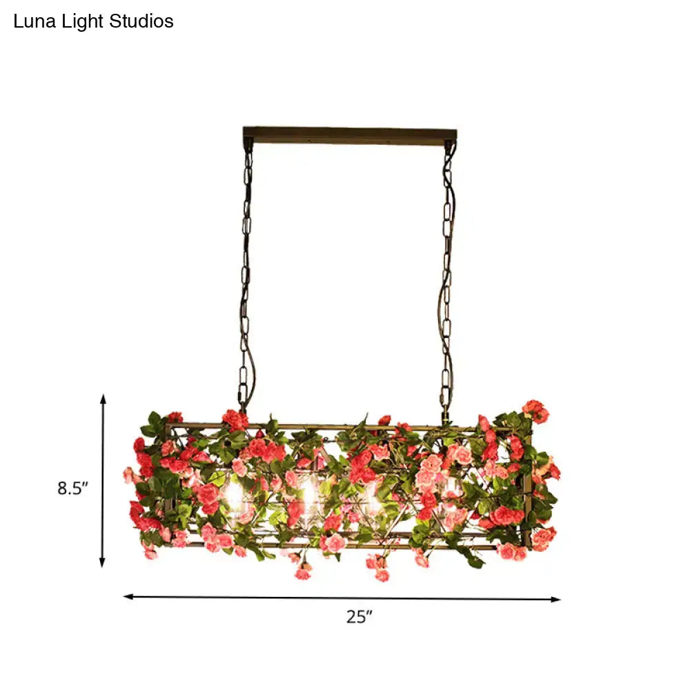 DecorBites™ Industrial Rectangular Brass LED Pendant Light with 4 Bulbs - Ideal for Bedroom