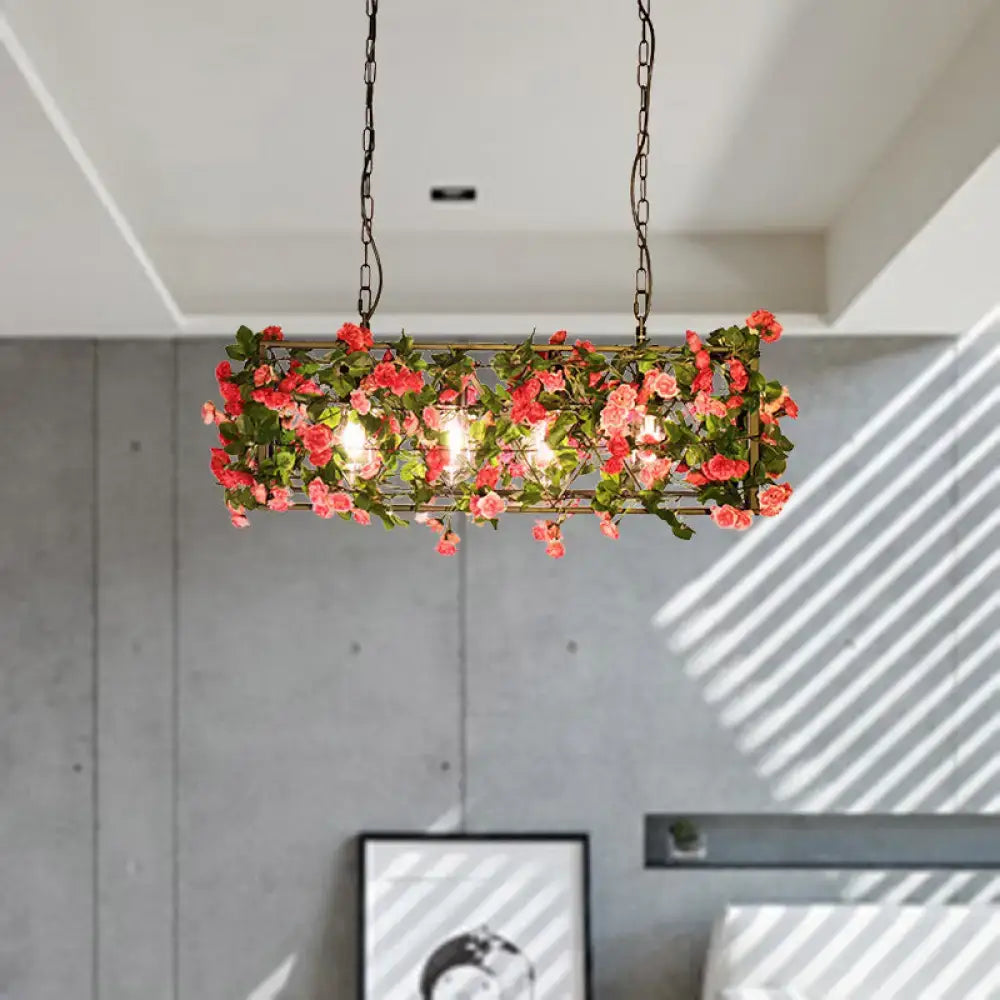 DecorBites™ Industrial Rectangular Brass LED Pendant Light with 4 Bulbs - Ideal for Bedroom