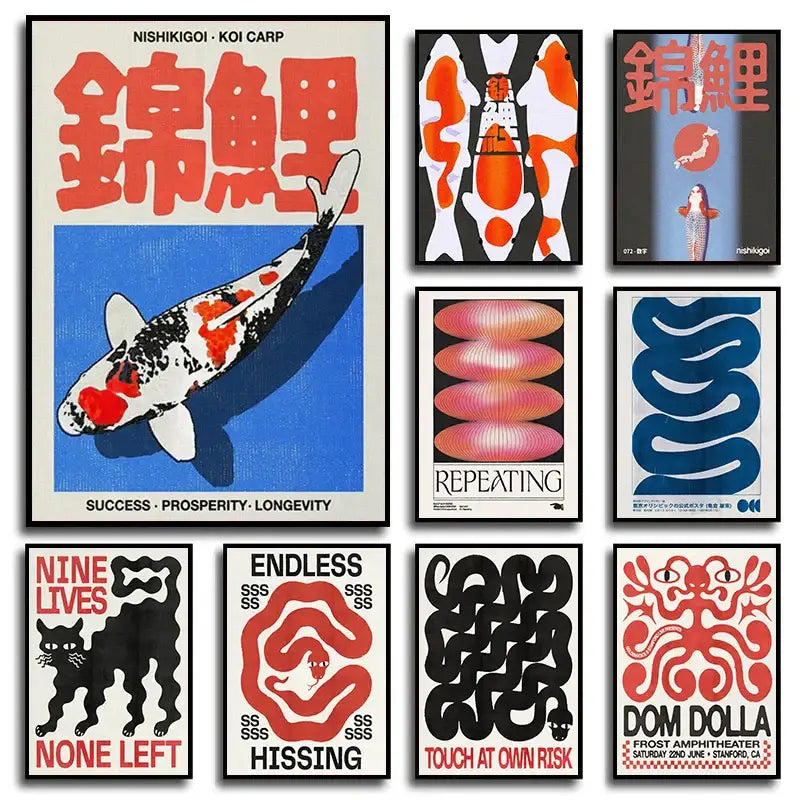 Japanese koi cat abstract red snake wall art poster living room